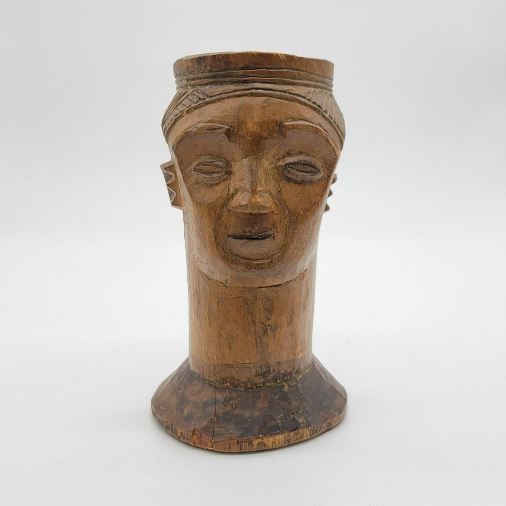 African Koba Ceremonial Palm Wine Cup Hand Carved Wood Vessel 5.5 Inches